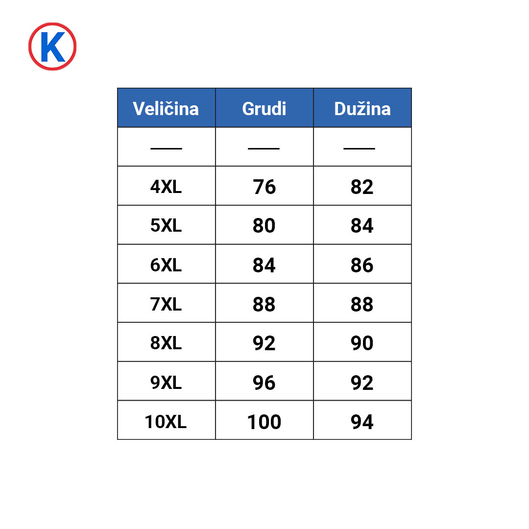Tabela sa dimenzijama polo majica Turskog brenda ModeXL
