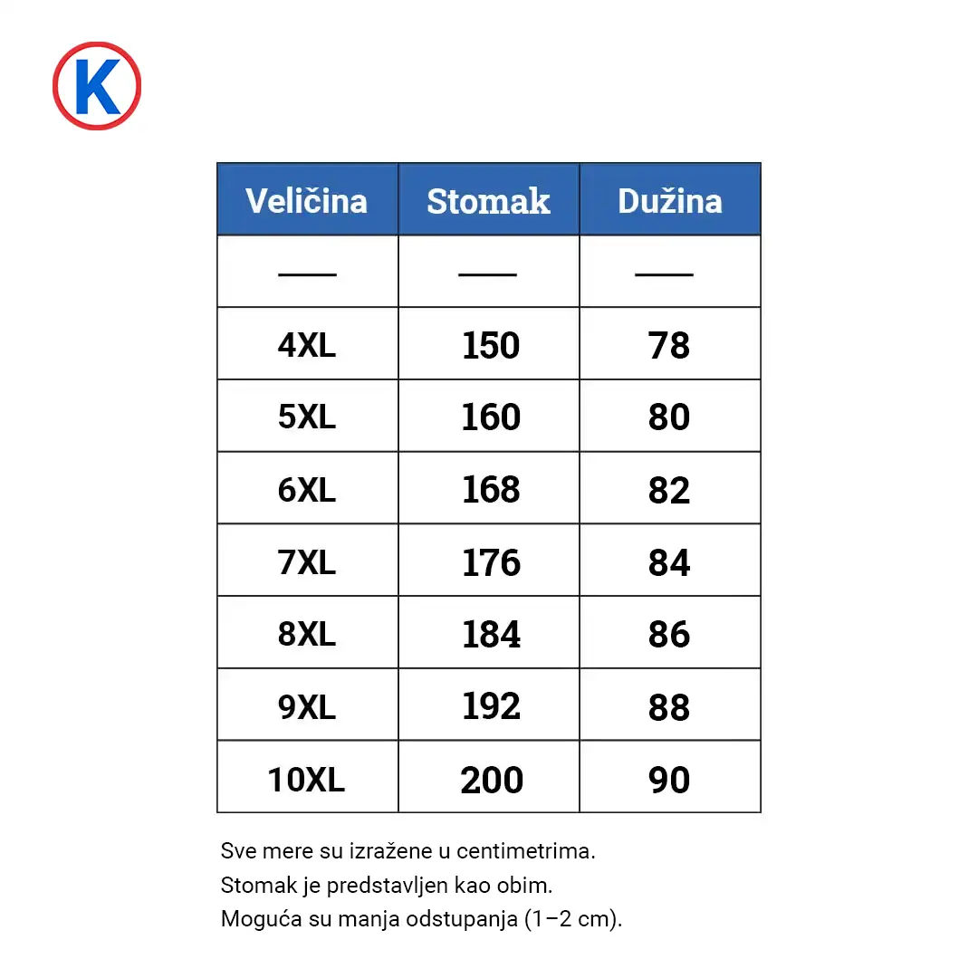 tabela veličina polo majica ModeXL 4XL 10XL mere