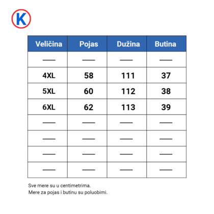 Tabela sa dimenzijama za kamuflažne letnje pantalone