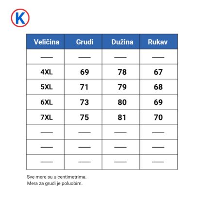SURCO dukserice sa aplikacijom - tabela veličina