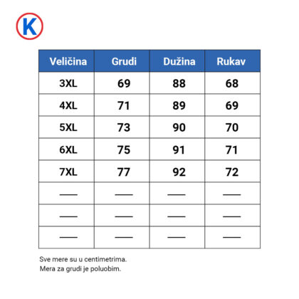 Dimenzije košulja dugi rukav del romanino od 3XL do 7XL