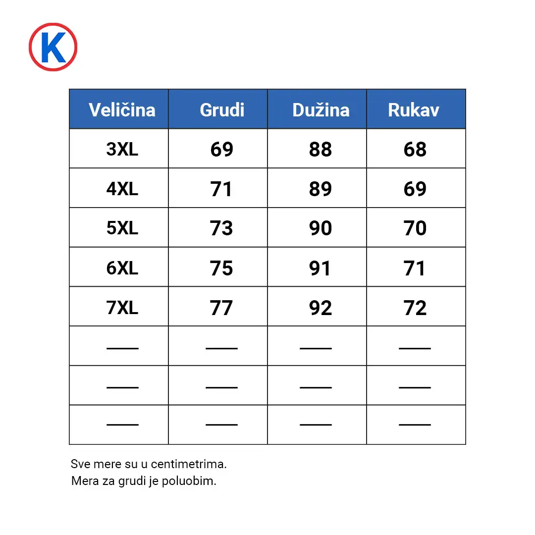 Dimenzije košulja dugi rukav del romanino od 3XL do 7XL