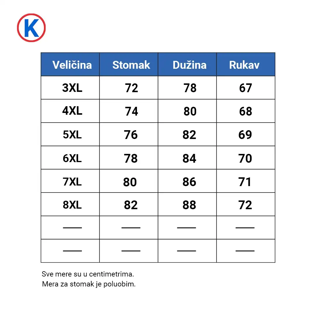 Tabela sa dimenzijama za tanke dukserice Pine Peto 3XL-8XL