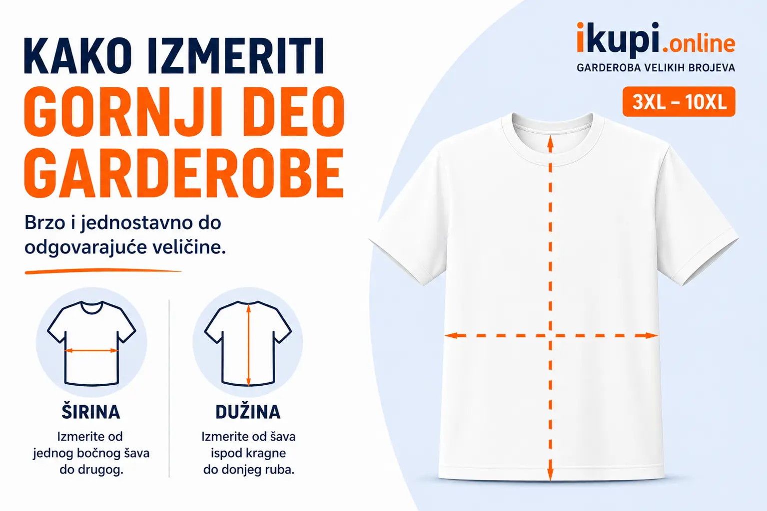 Vodič za merenje širine i dužine gornjeg dela garderobe radi izbora odgovarajuće veličine